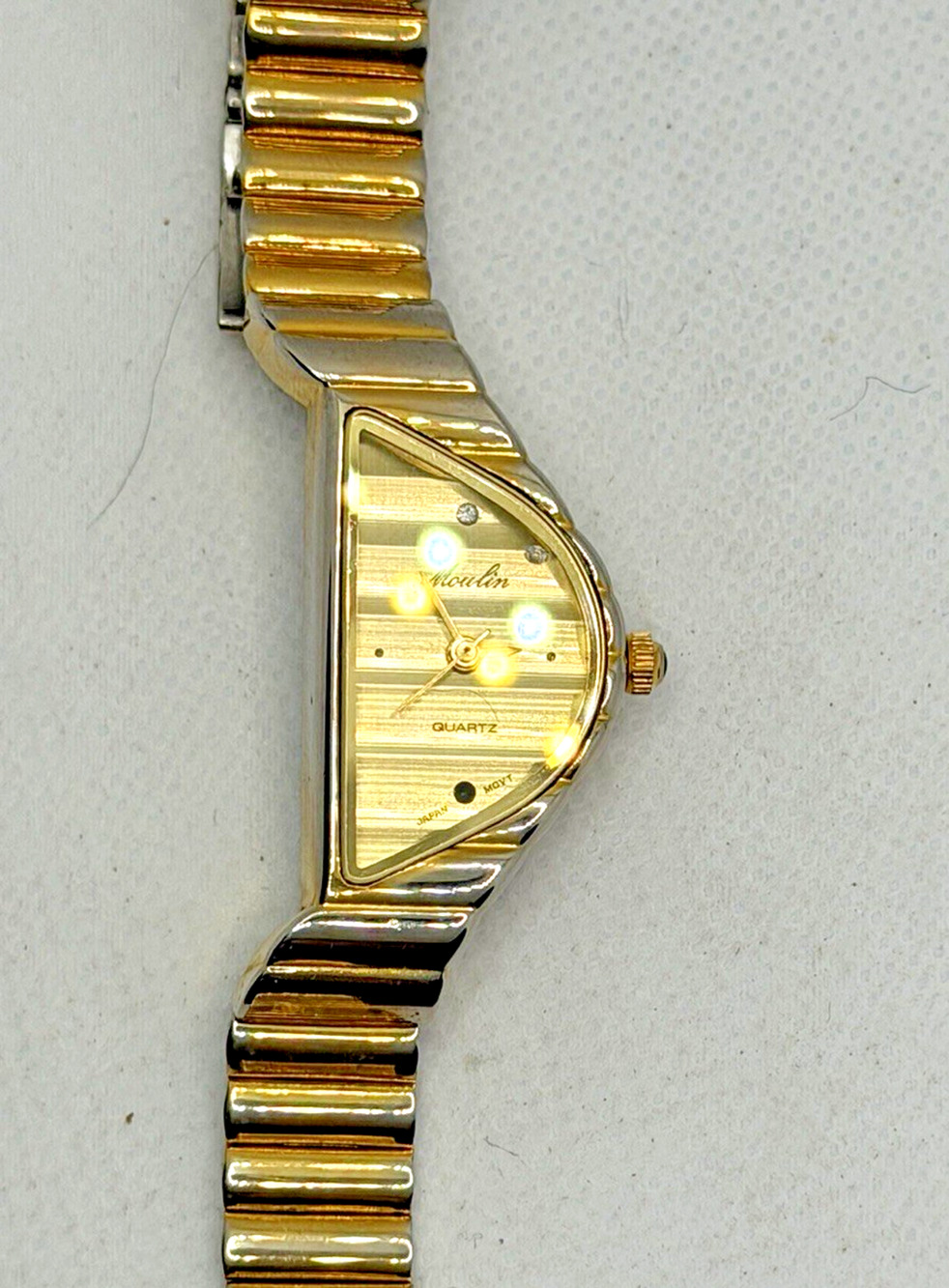 Moulin Women Watch Asymmetrical Triangle Gold Dial Two Tone Bracelet New Battery